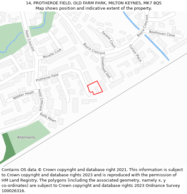 14, PROTHEROE FIELD, OLD FARM PARK, MILTON KEYNES, MK7 8QS: Location map and indicative extent of plot