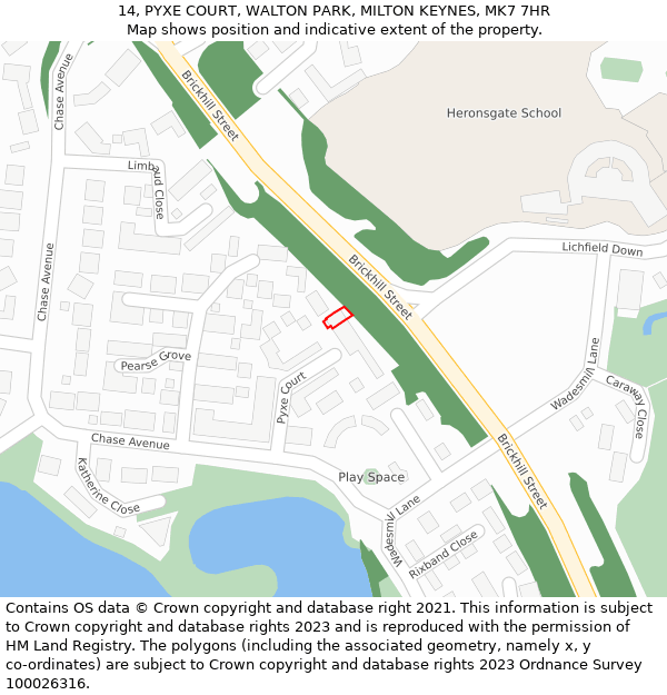 14, PYXE COURT, WALTON PARK, MILTON KEYNES, MK7 7HR: Location map and indicative extent of plot