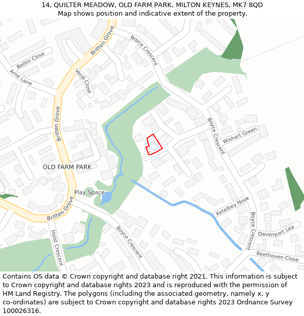 14, QUILTER MEADOW, OLD FARM PARK, MILTON KEYNES, MK7 8QD: Location map and indicative extent of plot