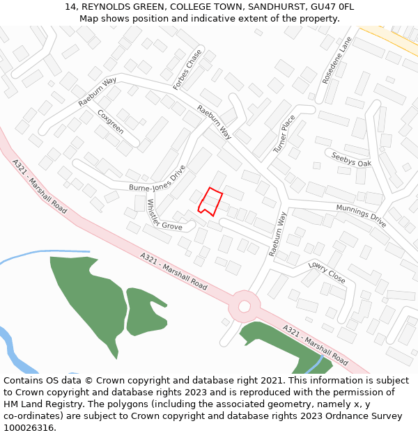 14, REYNOLDS GREEN, COLLEGE TOWN, SANDHURST, GU47 0FL: Location map and indicative extent of plot