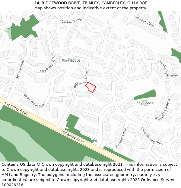 14, RIDGEWOOD DRIVE, FRIMLEY, CAMBERLEY, GU16 9QF: Location map and indicative extent of plot