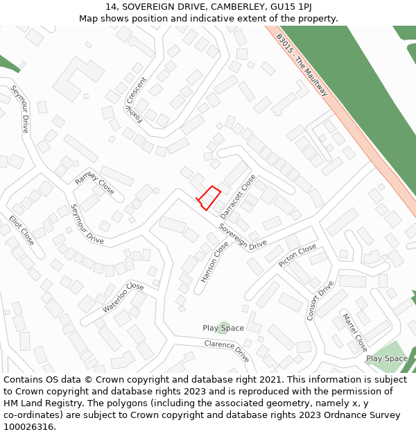 14, SOVEREIGN DRIVE, CAMBERLEY, GU15 1PJ: Location map and indicative extent of plot