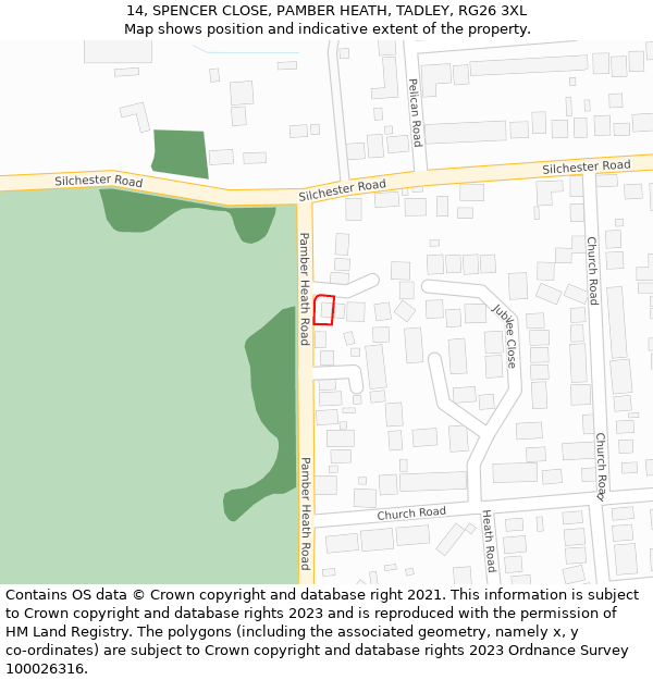 14, SPENCER CLOSE, PAMBER HEATH, TADLEY, RG26 3XL: Location map and indicative extent of plot