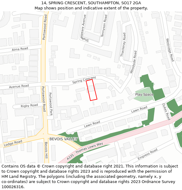 14, SPRING CRESCENT, SOUTHAMPTON, SO17 2GA: Location map and indicative extent of plot