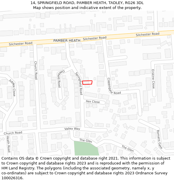 14, SPRINGFIELD ROAD, PAMBER HEATH, TADLEY, RG26 3DL: Location map and indicative extent of plot
