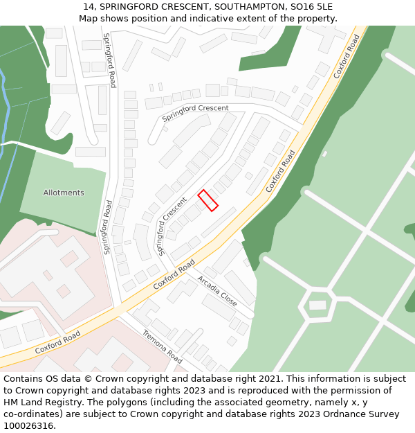 14, SPRINGFORD CRESCENT, SOUTHAMPTON, SO16 5LE: Location map and indicative extent of plot