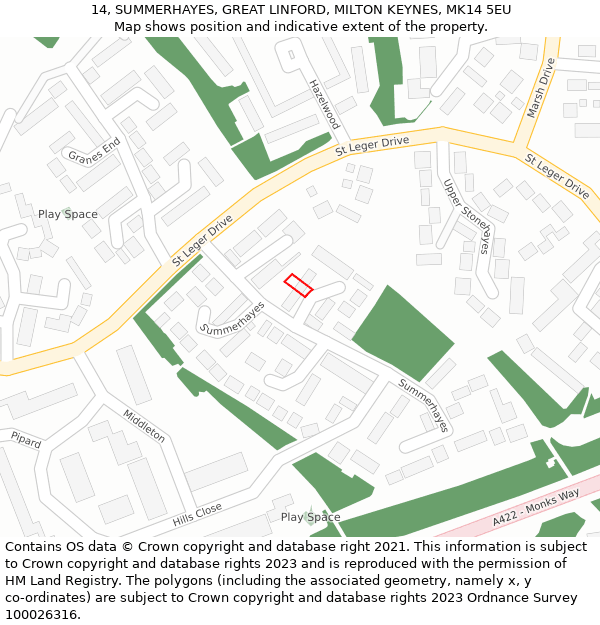 14, SUMMERHAYES, GREAT LINFORD, MILTON KEYNES, MK14 5EU: Location map and indicative extent of plot