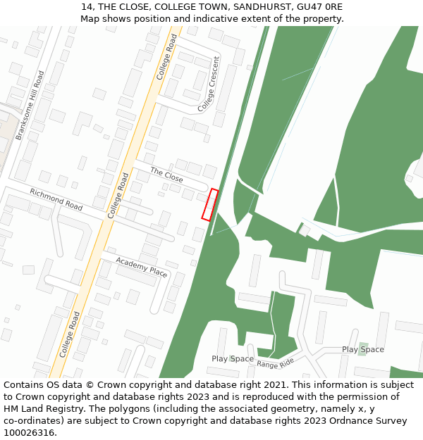 14, THE CLOSE, COLLEGE TOWN, SANDHURST, GU47 0RE: Location map and indicative extent of plot