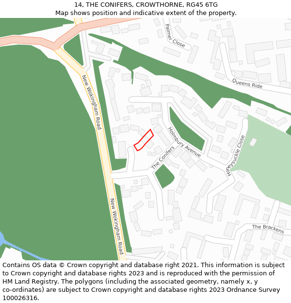 14, THE CONIFERS, CROWTHORNE, RG45 6TG: Location map and indicative extent of plot