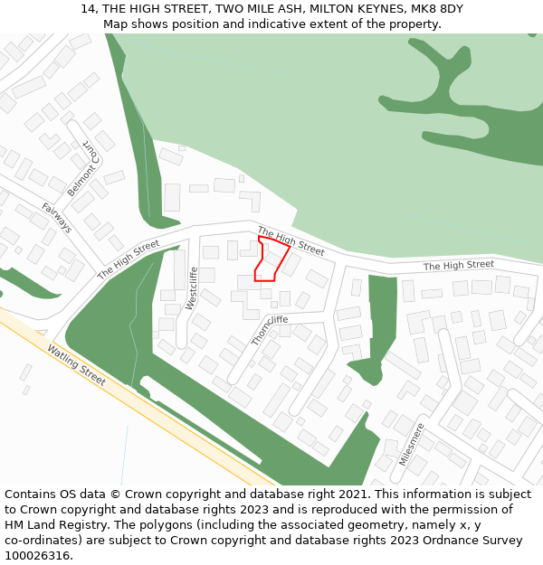 14, THE HIGH STREET, TWO MILE ASH, MILTON KEYNES, MK8 8DY: Location map and indicative extent of plot