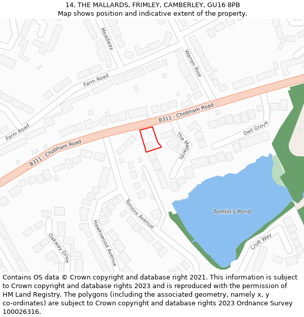 14, THE MALLARDS, FRIMLEY, CAMBERLEY, GU16 8PB: Location map and indicative extent of plot