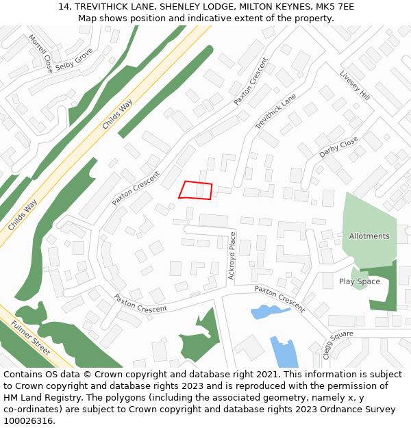 14, TREVITHICK LANE, SHENLEY LODGE, MILTON KEYNES, MK5 7EE: Location map and indicative extent of plot