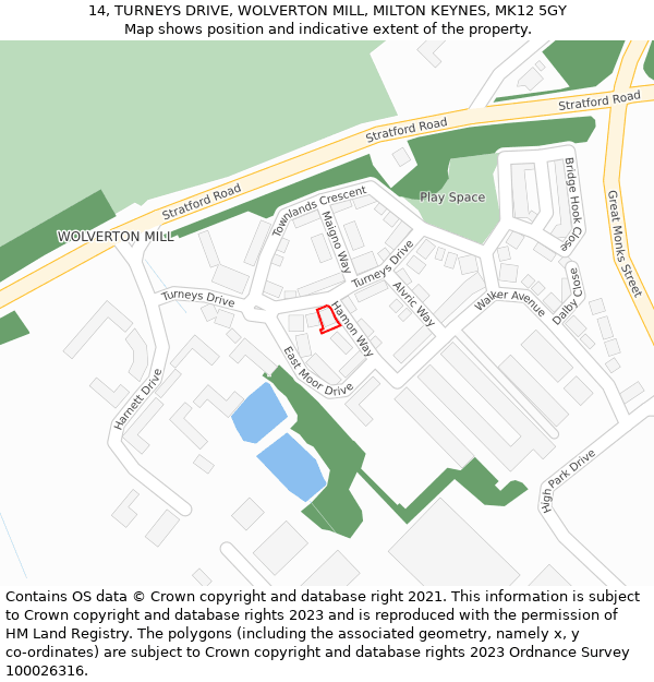 14, TURNEYS DRIVE, WOLVERTON MILL, MILTON KEYNES, MK12 5GY: Location map and indicative extent of plot