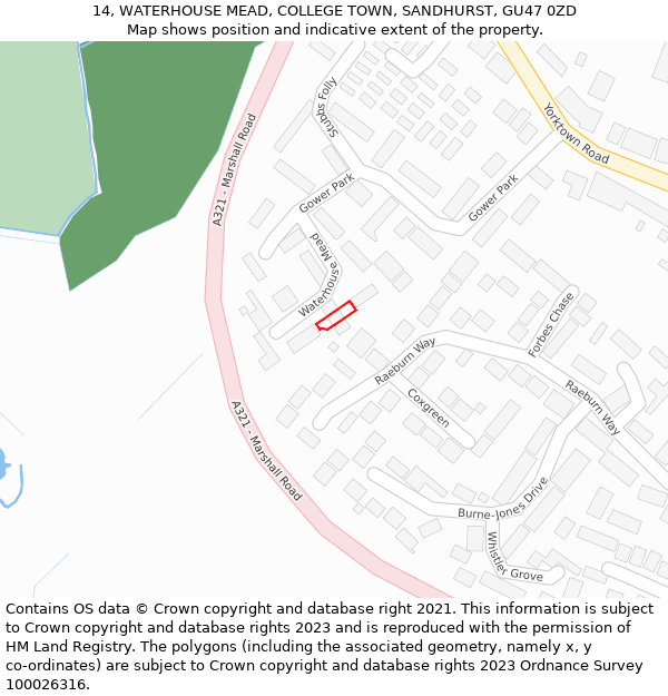 14, WATERHOUSE MEAD, COLLEGE TOWN, SANDHURST, GU47 0ZD: Location map and indicative extent of plot