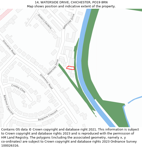 14, WATERSIDE DRIVE, CHICHESTER, PO19 8RN: Location map and indicative extent of plot