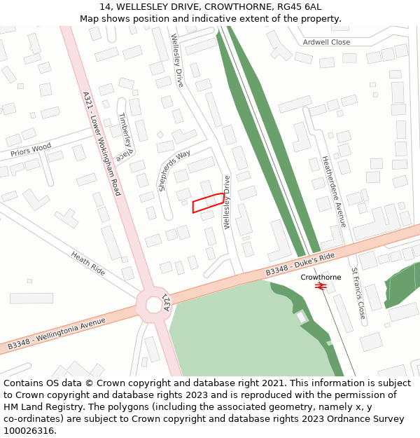 14, WELLESLEY DRIVE, CROWTHORNE, RG45 6AL: Location map and indicative extent of plot