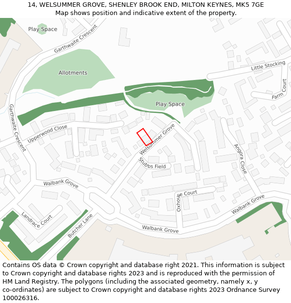 14, WELSUMMER GROVE, SHENLEY BROOK END, MILTON KEYNES, MK5 7GE: Location map and indicative extent of plot
