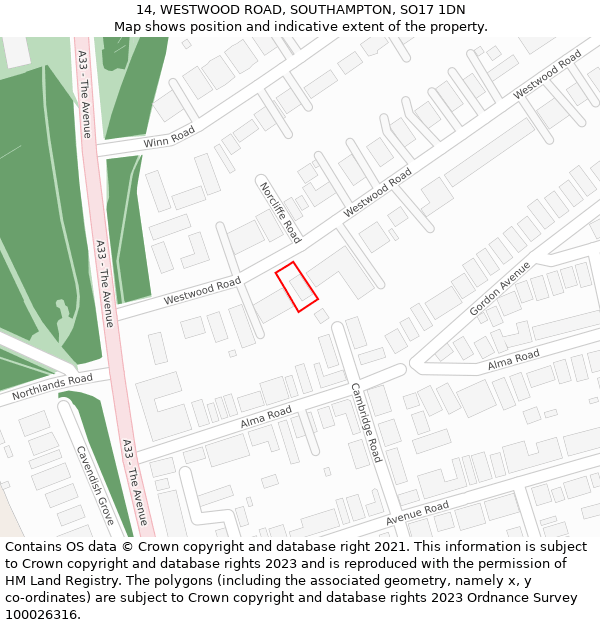 14, WESTWOOD ROAD, SOUTHAMPTON, SO17 1DN: Location map and indicative extent of plot