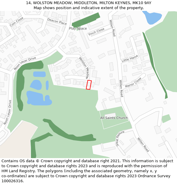 14, WOLSTON MEADOW, MIDDLETON, MILTON KEYNES, MK10 9AY: Location map and indicative extent of plot