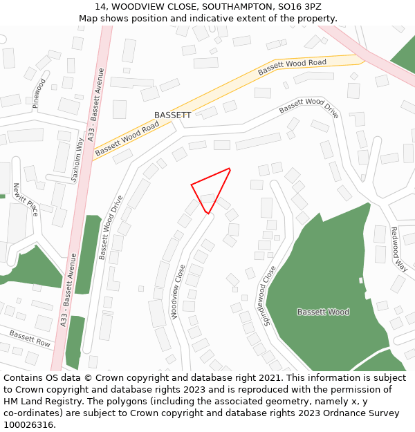 14, WOODVIEW CLOSE, SOUTHAMPTON, SO16 3PZ: Location map and indicative extent of plot