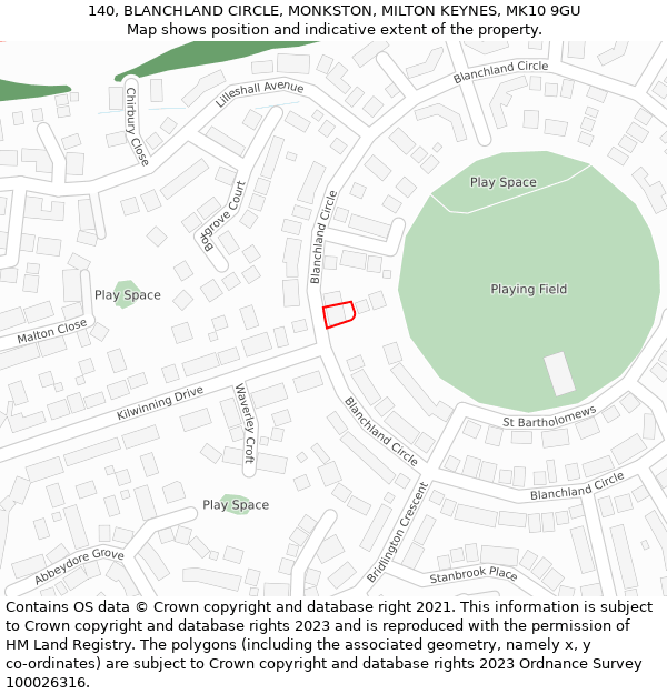 140, BLANCHLAND CIRCLE, MONKSTON, MILTON KEYNES, MK10 9GU: Location map and indicative extent of plot