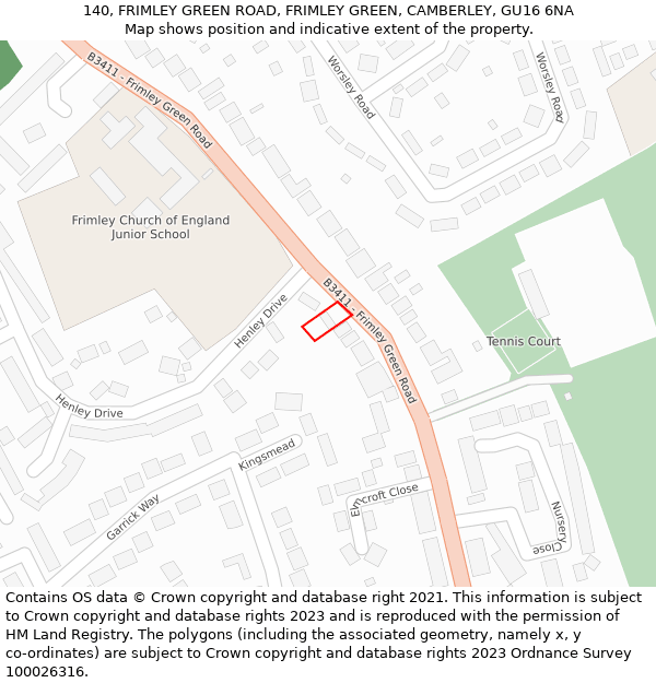 140, FRIMLEY GREEN ROAD, FRIMLEY GREEN, CAMBERLEY, GU16 6NA: Location map and indicative extent of plot