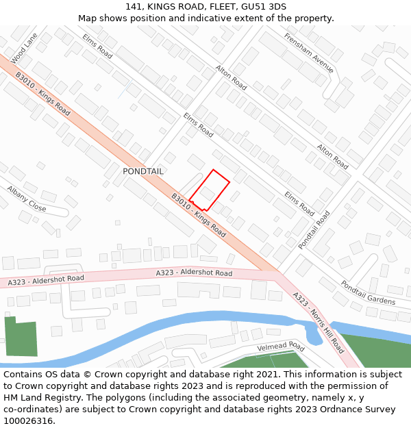 141, KINGS ROAD, FLEET, GU51 3DS: Location map and indicative extent of plot