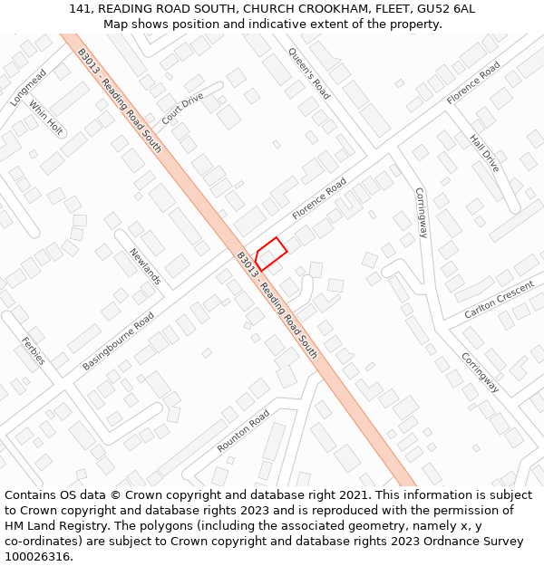 141, READING ROAD SOUTH, CHURCH CROOKHAM, FLEET, GU52 6AL: Location map and indicative extent of plot