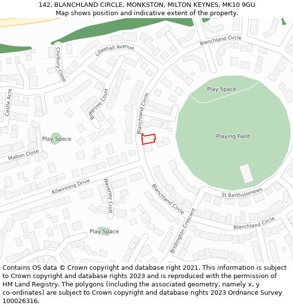 142, BLANCHLAND CIRCLE, MONKSTON, MILTON KEYNES, MK10 9GU: Location map and indicative extent of plot