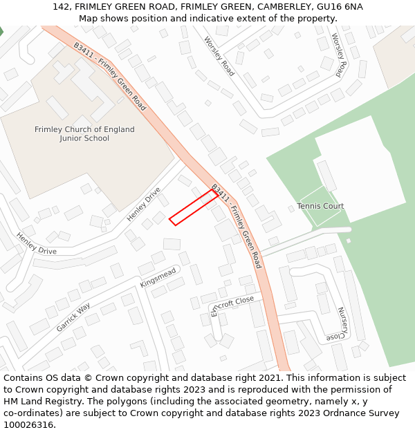 142, FRIMLEY GREEN ROAD, FRIMLEY GREEN, CAMBERLEY, GU16 6NA: Location map and indicative extent of plot