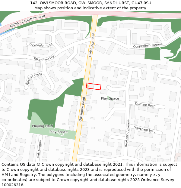 142, OWLSMOOR ROAD, OWLSMOOR, SANDHURST, GU47 0SU: Location map and indicative extent of plot