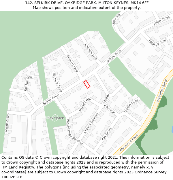 142, SELKIRK DRIVE, OAKRIDGE PARK, MILTON KEYNES, MK14 6FF: Location map and indicative extent of plot