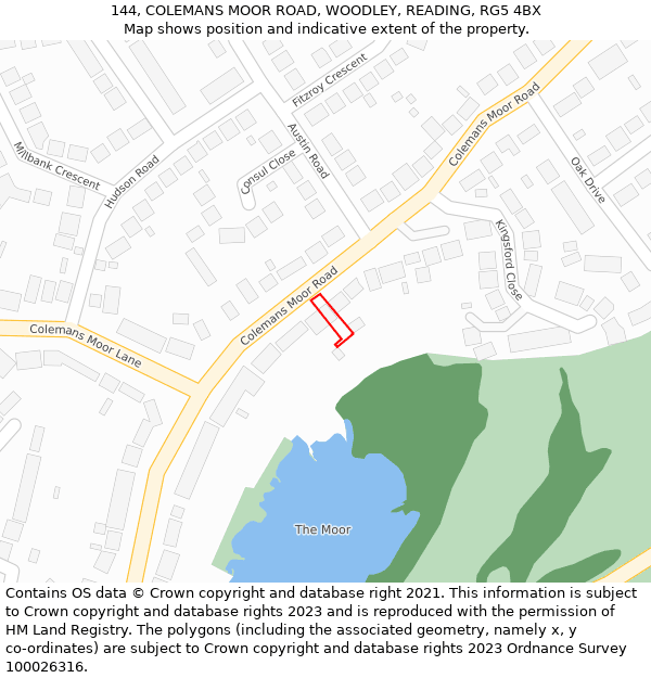 144, COLEMANS MOOR ROAD, WOODLEY, READING, RG5 4BX: Location map and indicative extent of plot