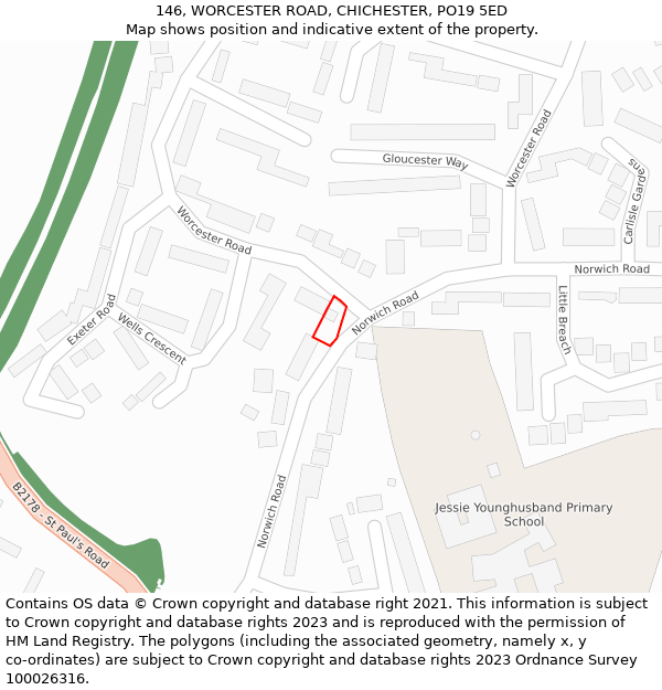 146, WORCESTER ROAD, CHICHESTER, PO19 5ED: Location map and indicative extent of plot