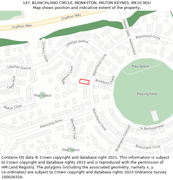 147, BLANCHLAND CIRCLE, MONKSTON, MILTON KEYNES, MK10 9GU: Location map and indicative extent of plot