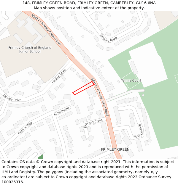 148, FRIMLEY GREEN ROAD, FRIMLEY GREEN, CAMBERLEY, GU16 6NA: Location map and indicative extent of plot