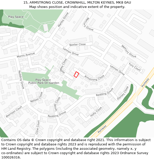 15, ARMSTRONG CLOSE, CROWNHILL, MILTON KEYNES, MK8 0AU: Location map and indicative extent of plot