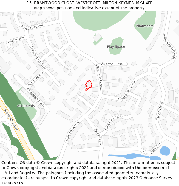 15, BRANTWOOD CLOSE, WESTCROFT, MILTON KEYNES, MK4 4FP: Location map and indicative extent of plot