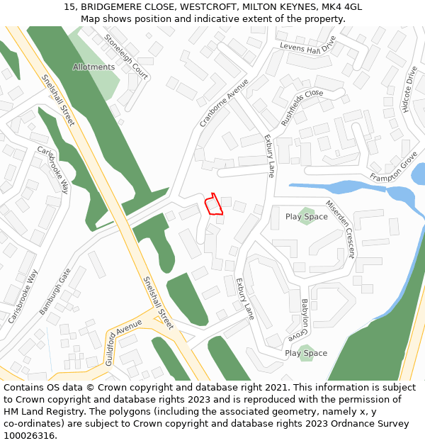 15, BRIDGEMERE CLOSE, WESTCROFT, MILTON KEYNES, MK4 4GL: Location map and indicative extent of plot