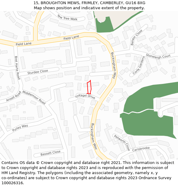15, BROUGHTON MEWS, FRIMLEY, CAMBERLEY, GU16 8XG: Location map and indicative extent of plot