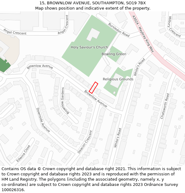 15, BROWNLOW AVENUE, SOUTHAMPTON, SO19 7BX: Location map and indicative extent of plot