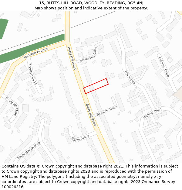 15, BUTTS HILL ROAD, WOODLEY, READING, RG5 4NJ: Location map and indicative extent of plot