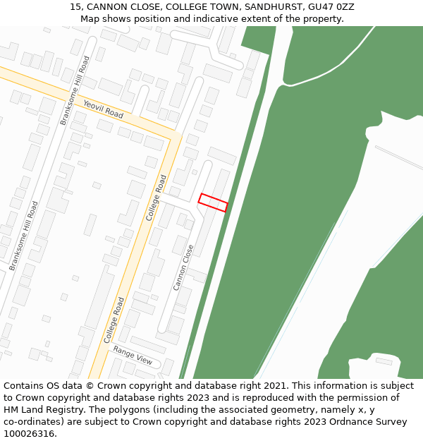 15, CANNON CLOSE, COLLEGE TOWN, SANDHURST, GU47 0ZZ: Location map and indicative extent of plot