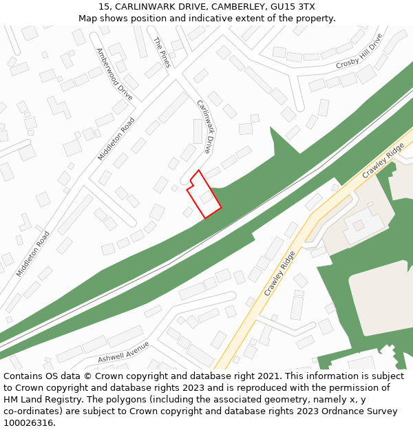 15, CARLINWARK DRIVE, CAMBERLEY, GU15 3TX: Location map and indicative extent of plot