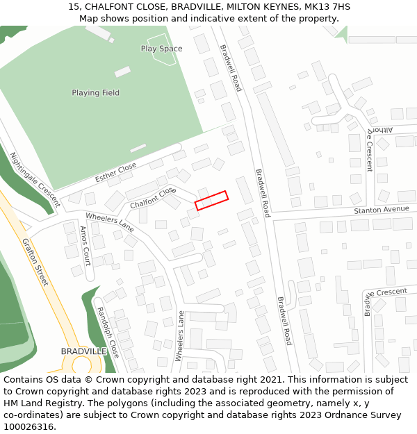 15, CHALFONT CLOSE, BRADVILLE, MILTON KEYNES, MK13 7HS: Location map and indicative extent of plot