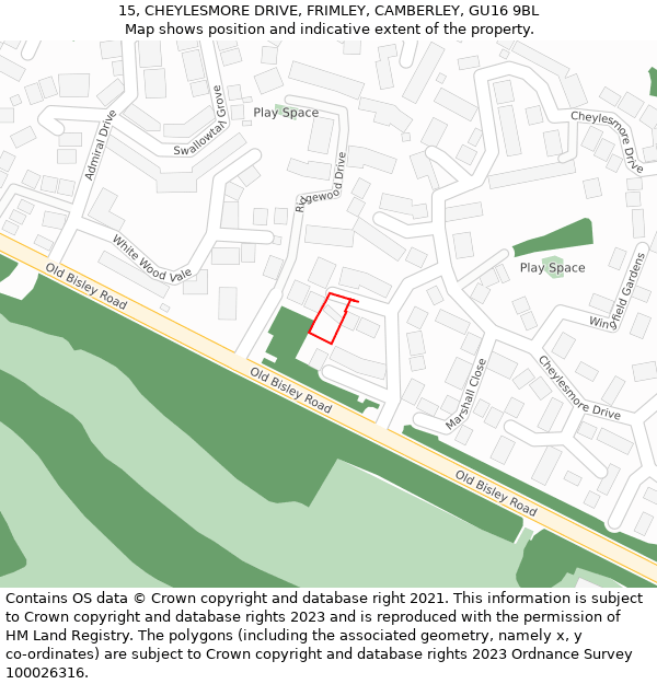 15, CHEYLESMORE DRIVE, FRIMLEY, CAMBERLEY, GU16 9BL: Location map and indicative extent of plot