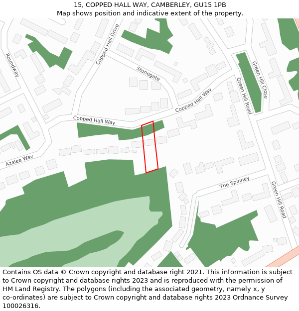 15, COPPED HALL WAY, CAMBERLEY, GU15 1PB: Location map and indicative extent of plot