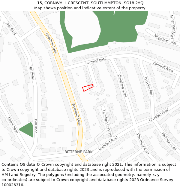 15, CORNWALL CRESCENT, SOUTHAMPTON, SO18 2AQ: Location map and indicative extent of plot