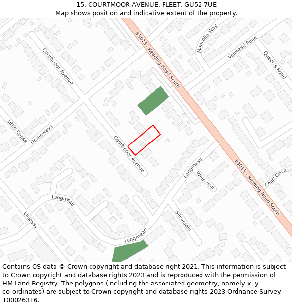 15, COURTMOOR AVENUE, FLEET, GU52 7UE: Location map and indicative extent of plot