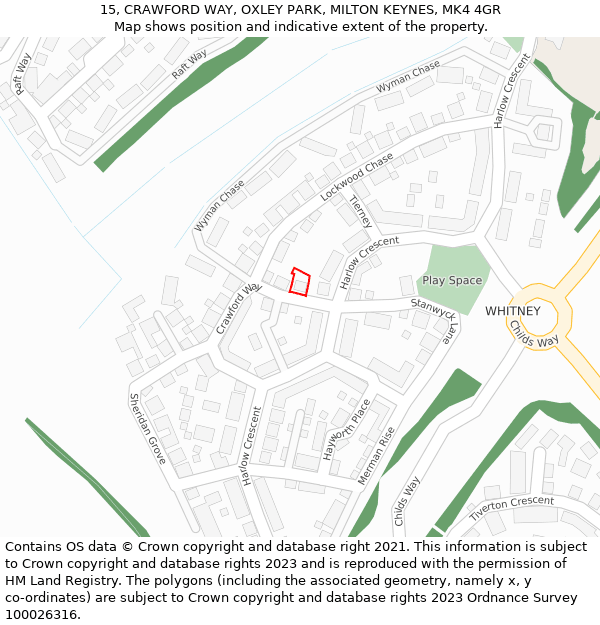 15, CRAWFORD WAY, OXLEY PARK, MILTON KEYNES, MK4 4GR: Location map and indicative extent of plot